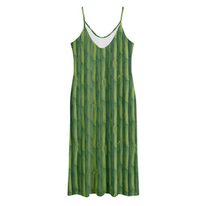 Green Bamboo Tree Pattern Print Jersey Midi Cami Dress