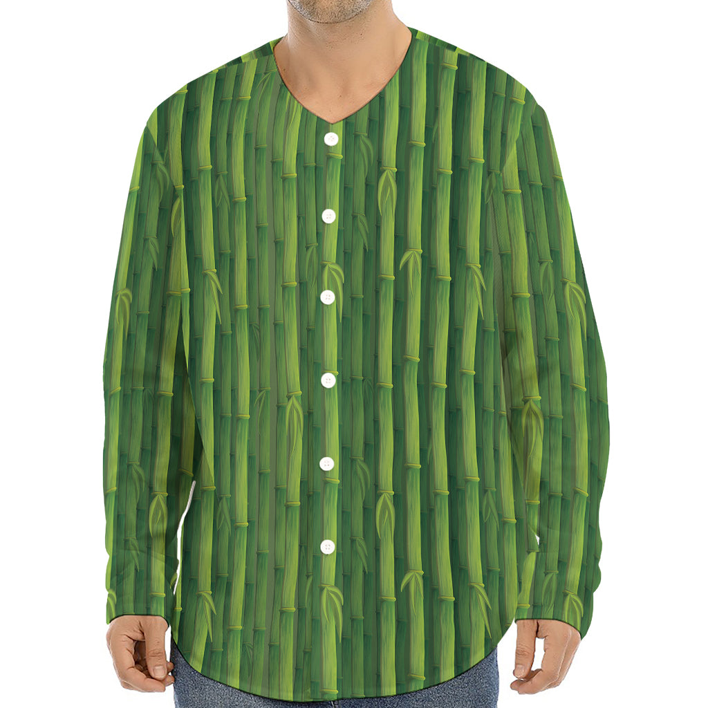 Green Bamboo Tree Pattern Print Long Sleeve Baseball Jersey