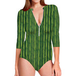 Green Bamboo Tree Pattern Print Long Sleeve Swimsuit