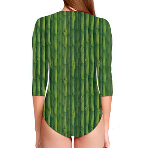 Green Bamboo Tree Pattern Print Long Sleeve Swimsuit