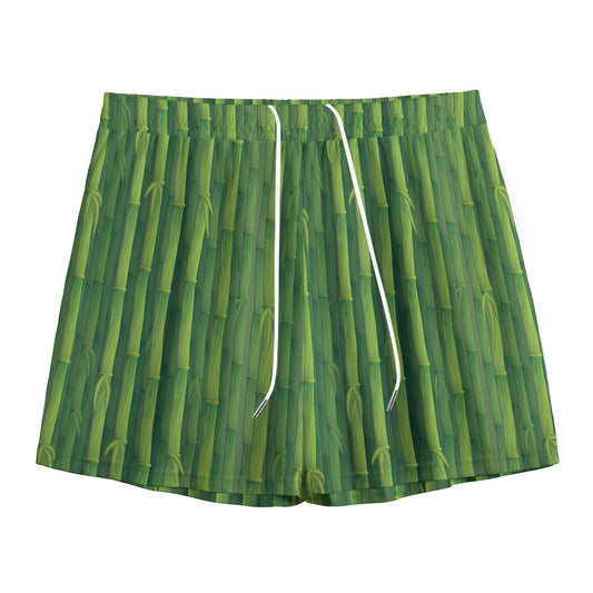 Green Bamboo Tree Pattern Print Mesh Shorts