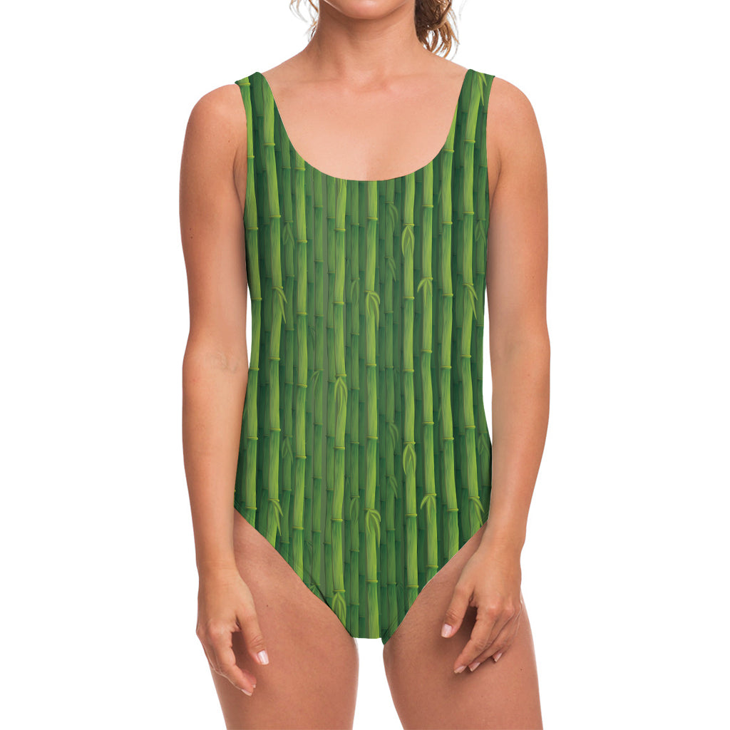 Green Bamboo Tree Pattern Print One Piece Swimsuit