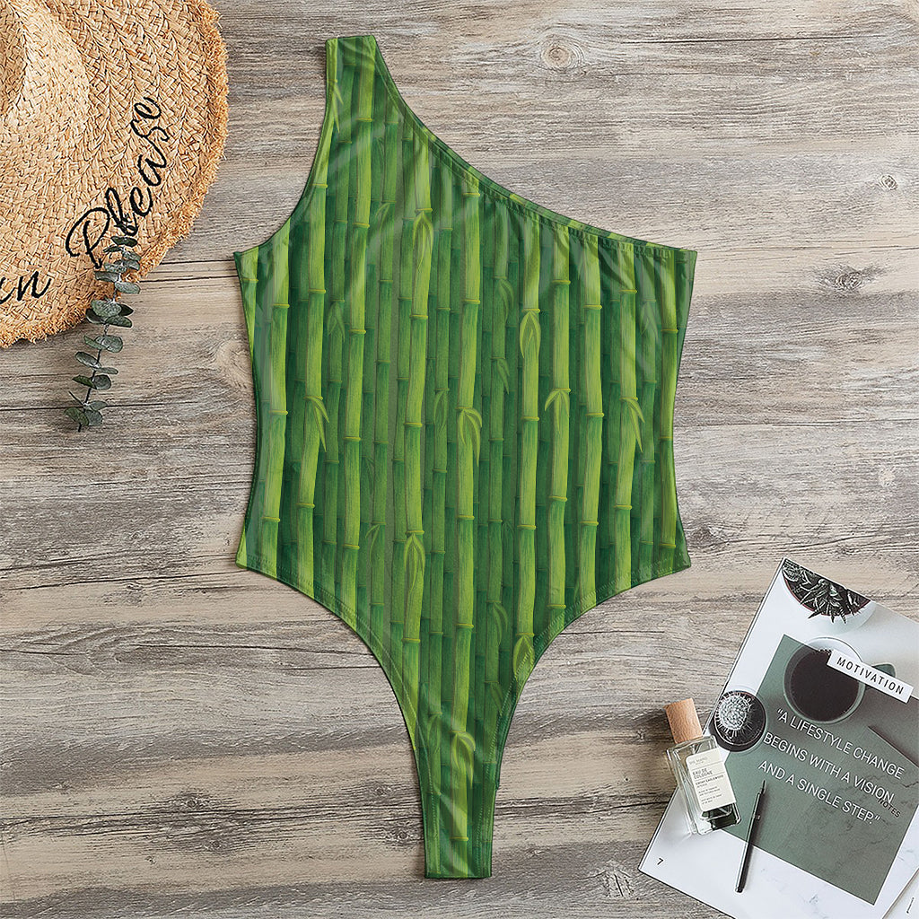 Green Bamboo Tree Pattern Print One Shoulder Bodysuit