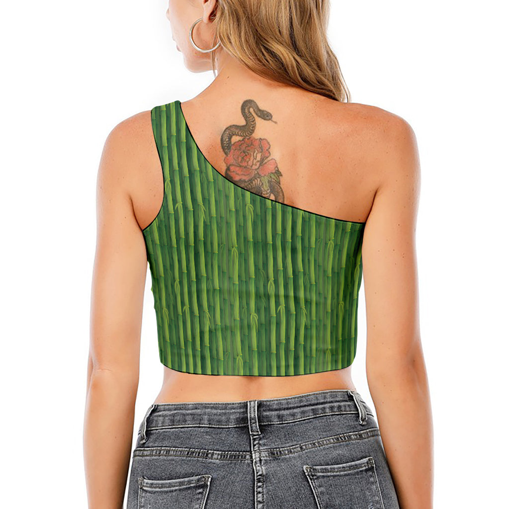 Green Bamboo Tree Pattern Print One Shoulder Crop Top