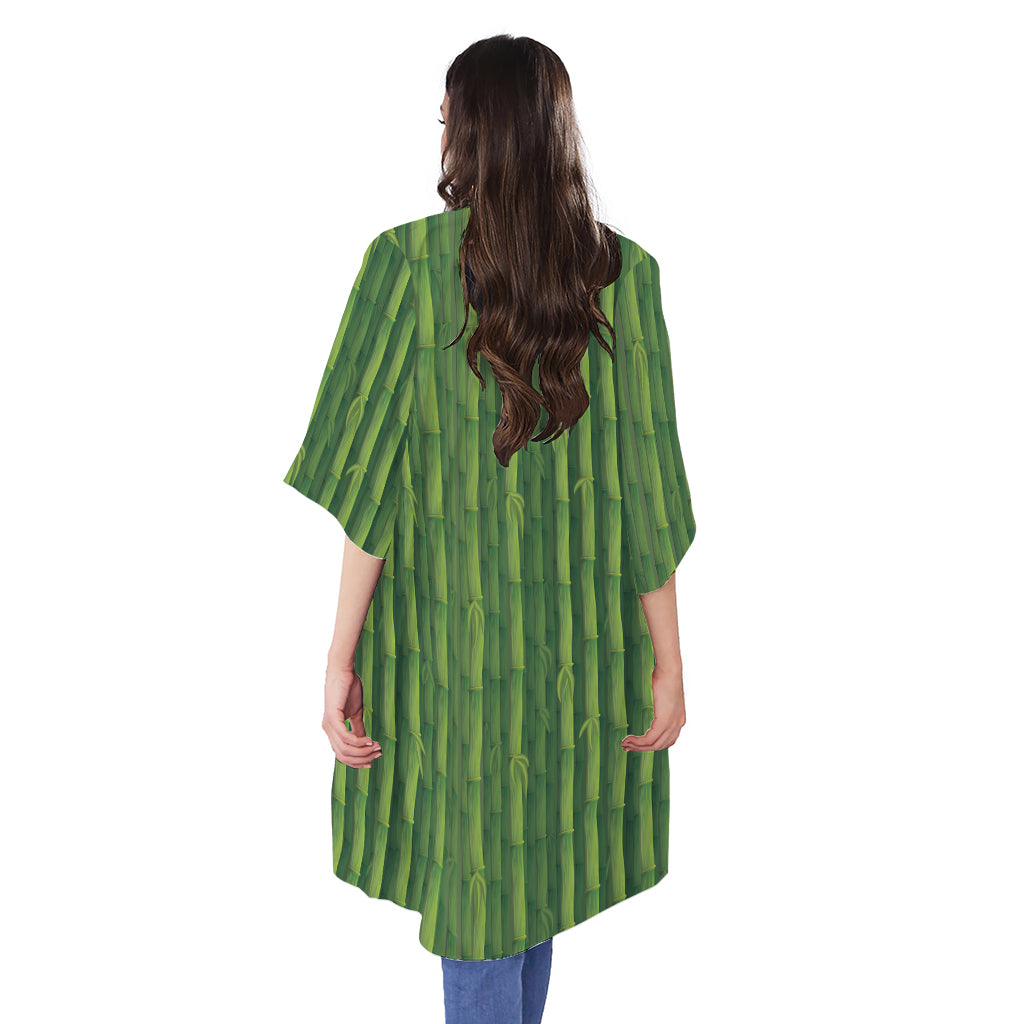 Green Bamboo Tree Pattern Print Open Front Beach Cover Up