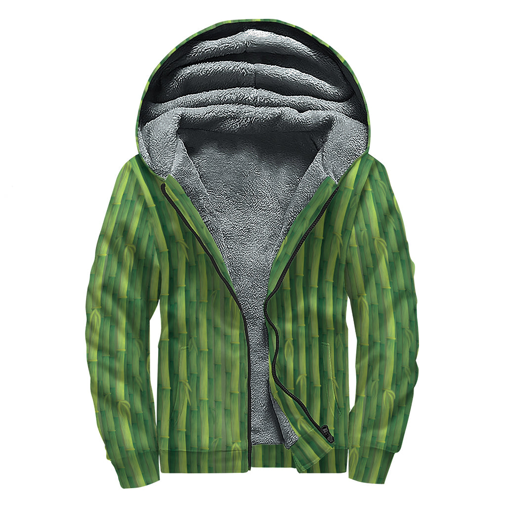 Green Bamboo Tree Pattern Print Sherpa Lined Zip Up Hoodie