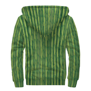 Green Bamboo Tree Pattern Print Sherpa Lined Zip Up Hoodie