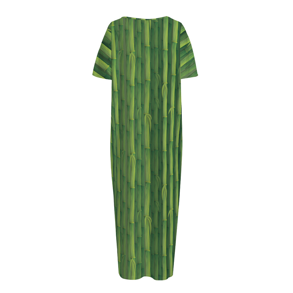 Green Bamboo Tree Pattern Print Short Sleeve Long Nightdress