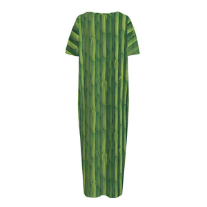 Green Bamboo Tree Pattern Print Short Sleeve Long Nightdress