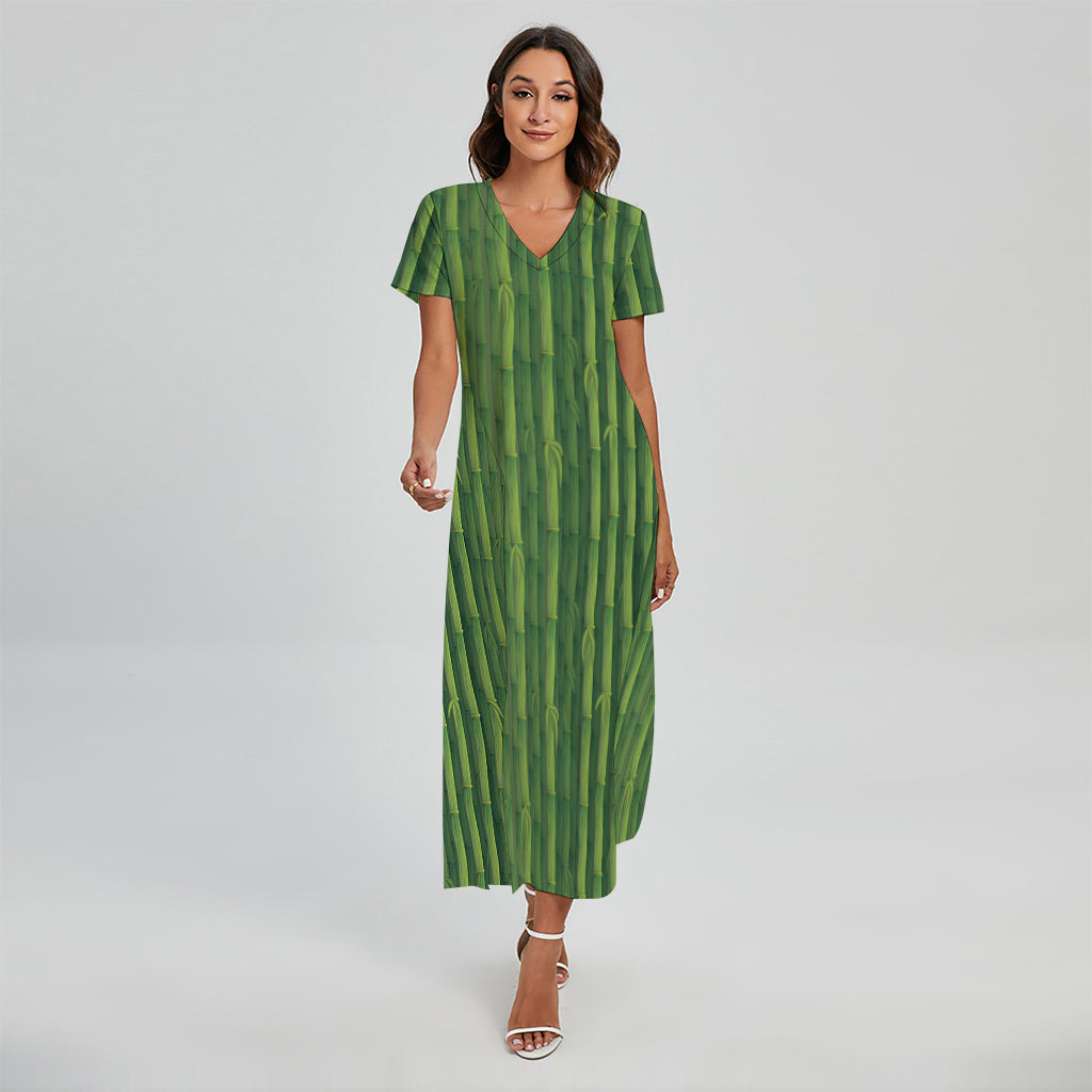 Green Bamboo Tree Pattern Print Short Sleeve Maxi Dress