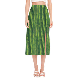 Green Bamboo Tree Pattern Print Side Slit Midi Skirt