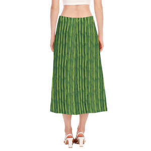 Green Bamboo Tree Pattern Print Side Slit Midi Skirt