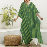 Green Bamboo Tree Pattern Print Silk V-Neck Kaftan Dress