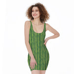 Green Bamboo Tree Pattern Print Sleeveless Bodycon Dress