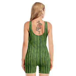 Green Bamboo Tree Pattern Print Sleeveless One Piece Swimsuit