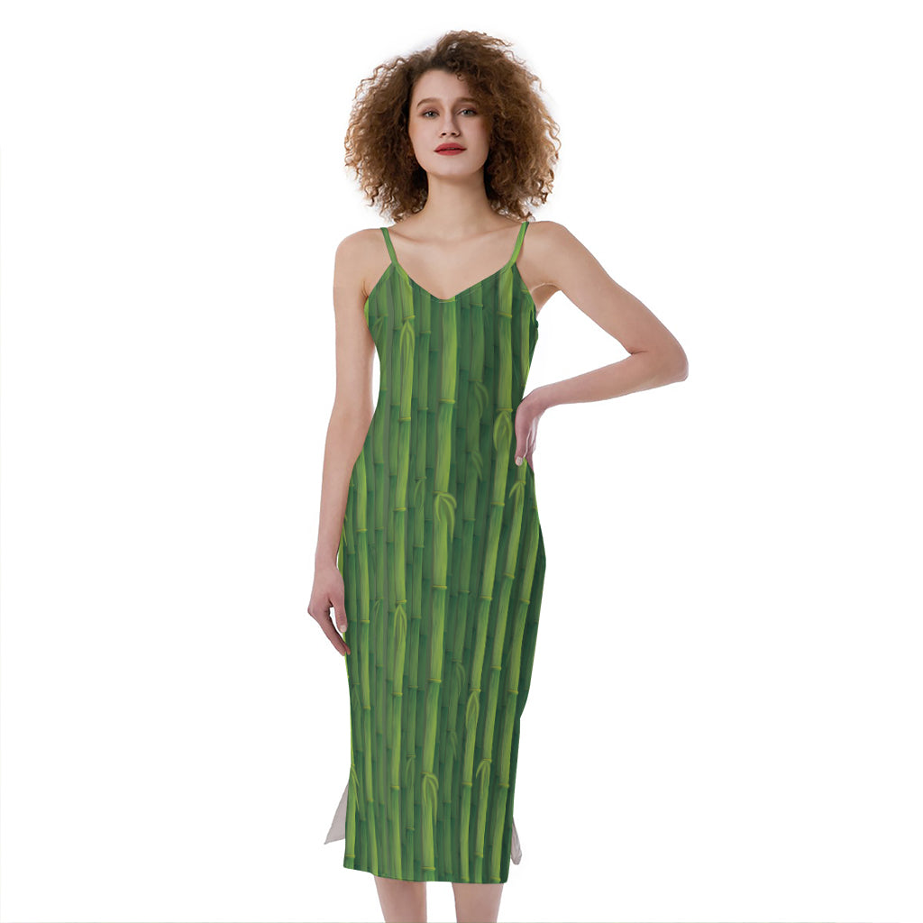 Green Bamboo Tree Pattern Print Slim Fit Midi Cami Dress