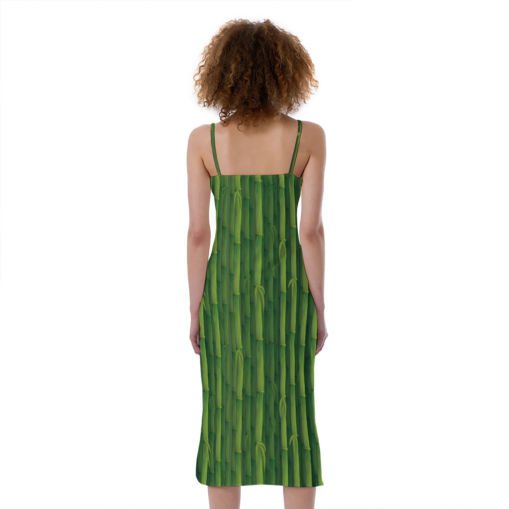 Green Bamboo Tree Pattern Print Slim Fit Midi Cami Dress