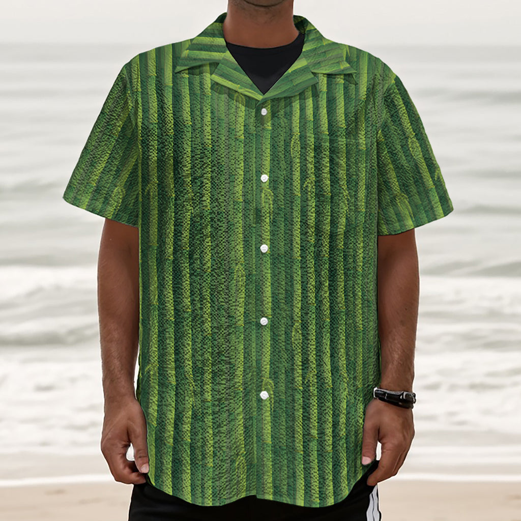 Green Bamboo Tree Pattern Print Textured Short Sleeve Shirt