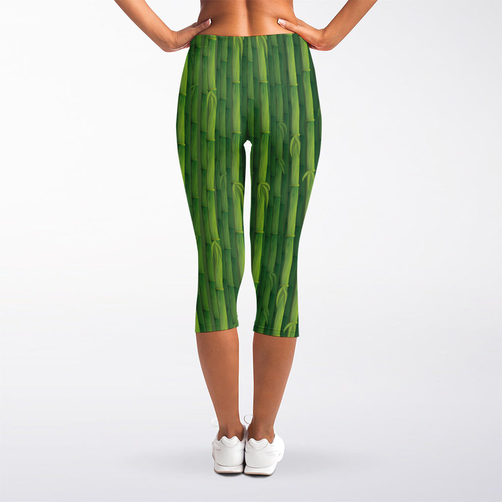 Green Bamboo Tree Pattern Print Women's Capri Leggings