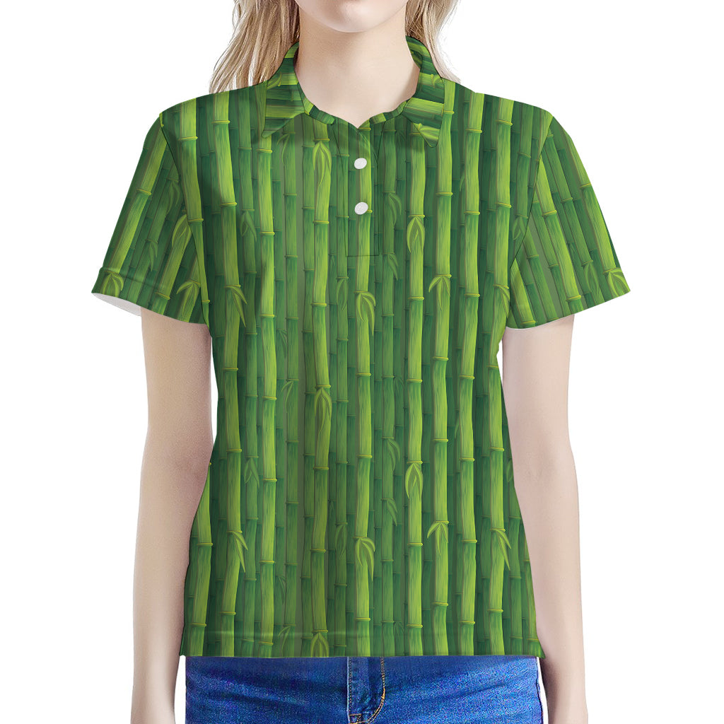 Green Bamboo Tree Pattern Print Women's Polo Shirt