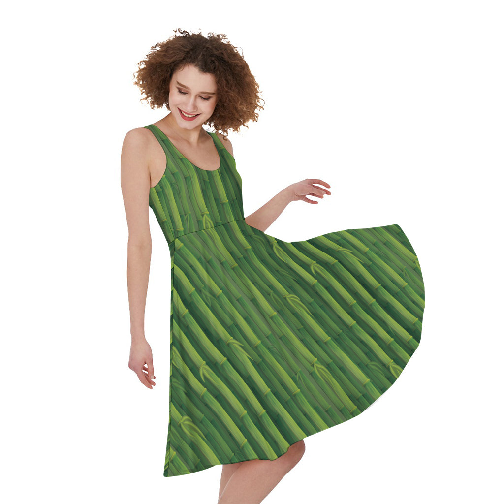 Green Bamboo Tree Pattern Print Women's Sleeveless Dress