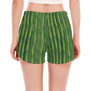 Green Bamboo Tree Pattern Print Women's Split Running Shorts