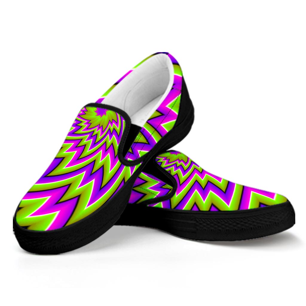 Green Big Bang Moving Optical Illusion Black Slip On Sneakers