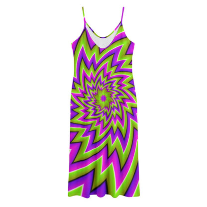 Green Big Bang Moving Optical Illusion Jersey Midi Cami Dress