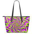 Green Big Bang Moving Optical Illusion Leather Tote Bag With Zipper