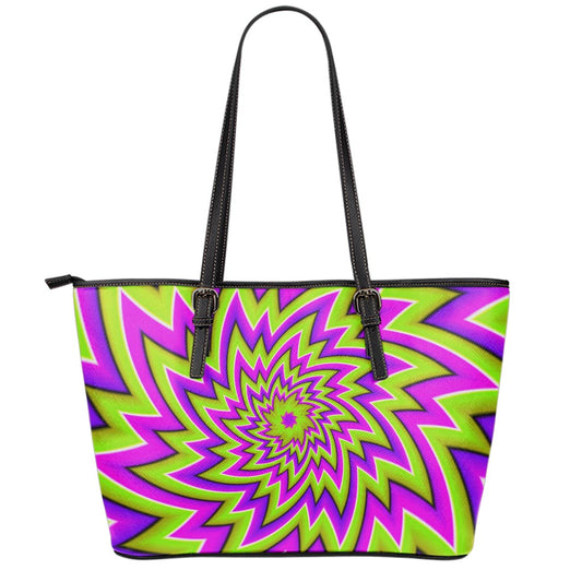 Green Big Bang Moving Optical Illusion Leather Tote Bag