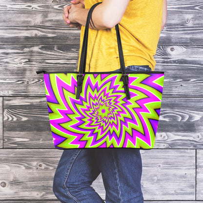 Green Big Bang Moving Optical Illusion Leather Tote Bag