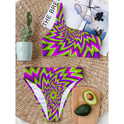 Green Big Bang Moving Optical Illusion One Shoulder Bikini Top