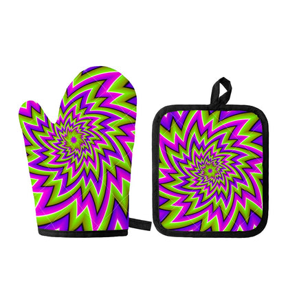 Green Big Bang Moving Optical Illusion Oven Mitt And Pot Holder Set