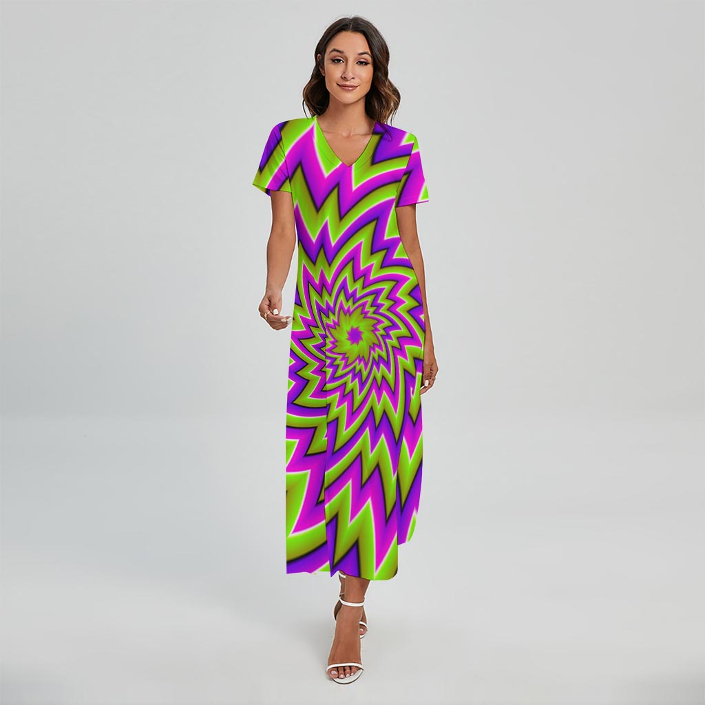 Green Big Bang Moving Optical Illusion Short Sleeve Maxi Dress