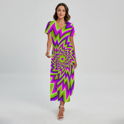 Green Big Bang Moving Optical Illusion Short Sleeve Maxi Dress