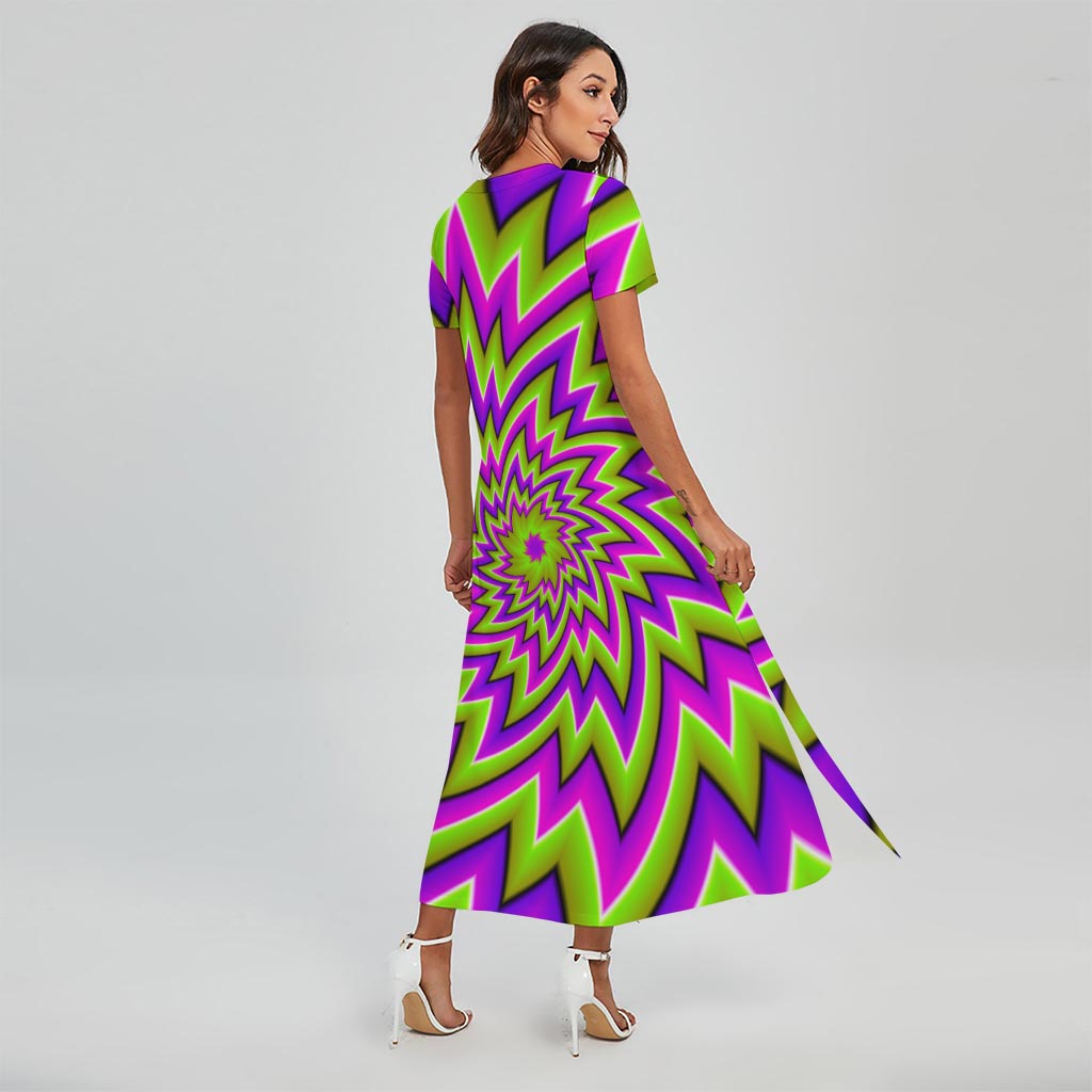 Green Big Bang Moving Optical Illusion Short Sleeve Maxi Dress