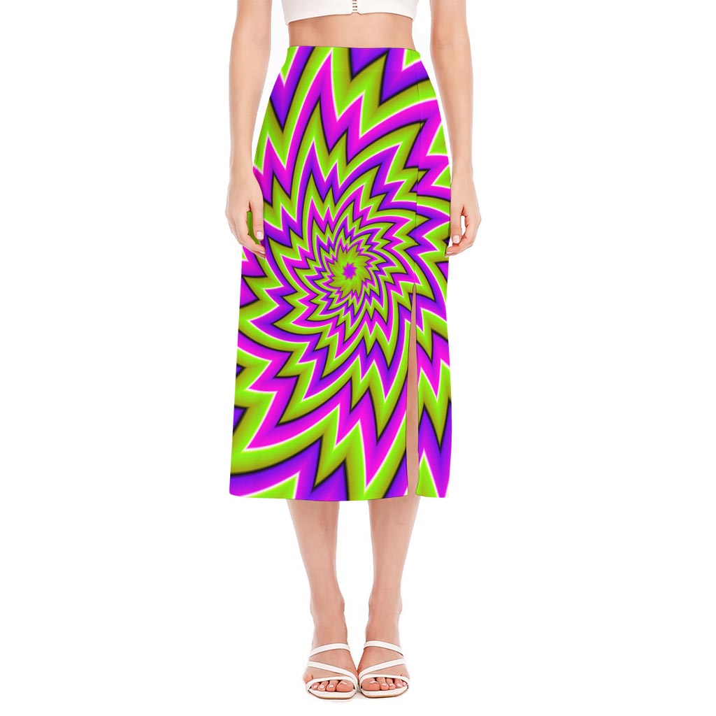 Green Big Bang Moving Optical Illusion Side Slit Midi Skirt