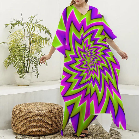 Green Big Bang Moving Optical Illusion Silk V-Neck Kaftan Dress