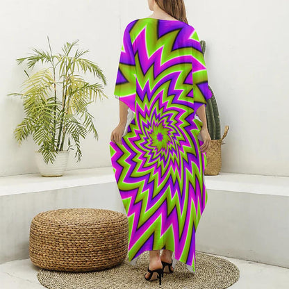 Green Big Bang Moving Optical Illusion Silk V-Neck Kaftan Dress