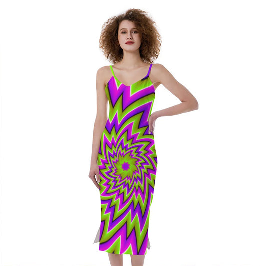 Green Big Bang Moving Optical Illusion Slim Fit Midi Cami Dress