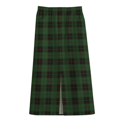 Green Black And Red Tartan Pattern Print Cotton Front Slit Maxi Skirt