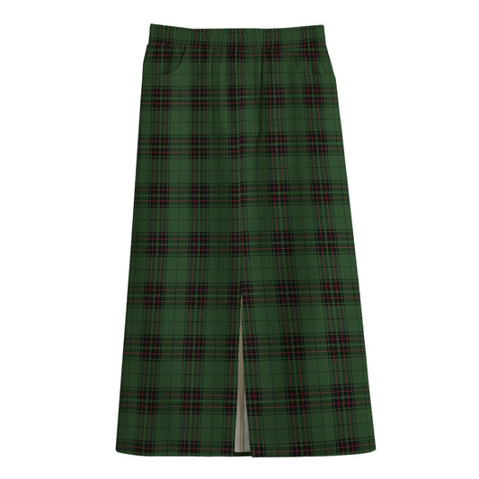 Green Black And Red Tartan Pattern Print Cotton Front Slit Maxi Skirt