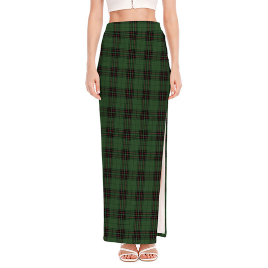 Green Black And Red Tartan Pattern Print High Slit Maxi Skirt