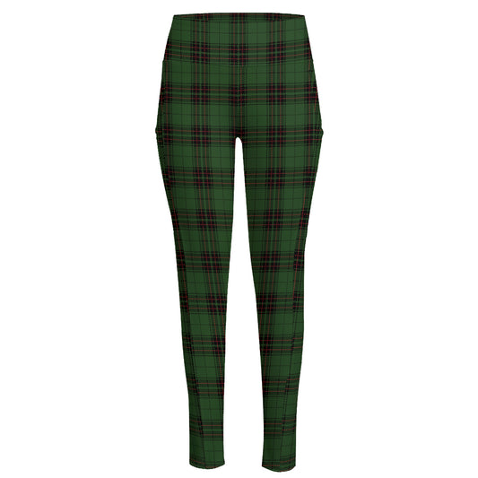 Green Black And Red Tartan Pattern Print High-Waisted Pocket Leggings