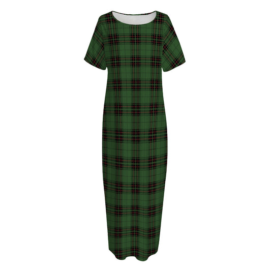 Green Black And Red Tartan Pattern Print Short Sleeve Long Nightdress