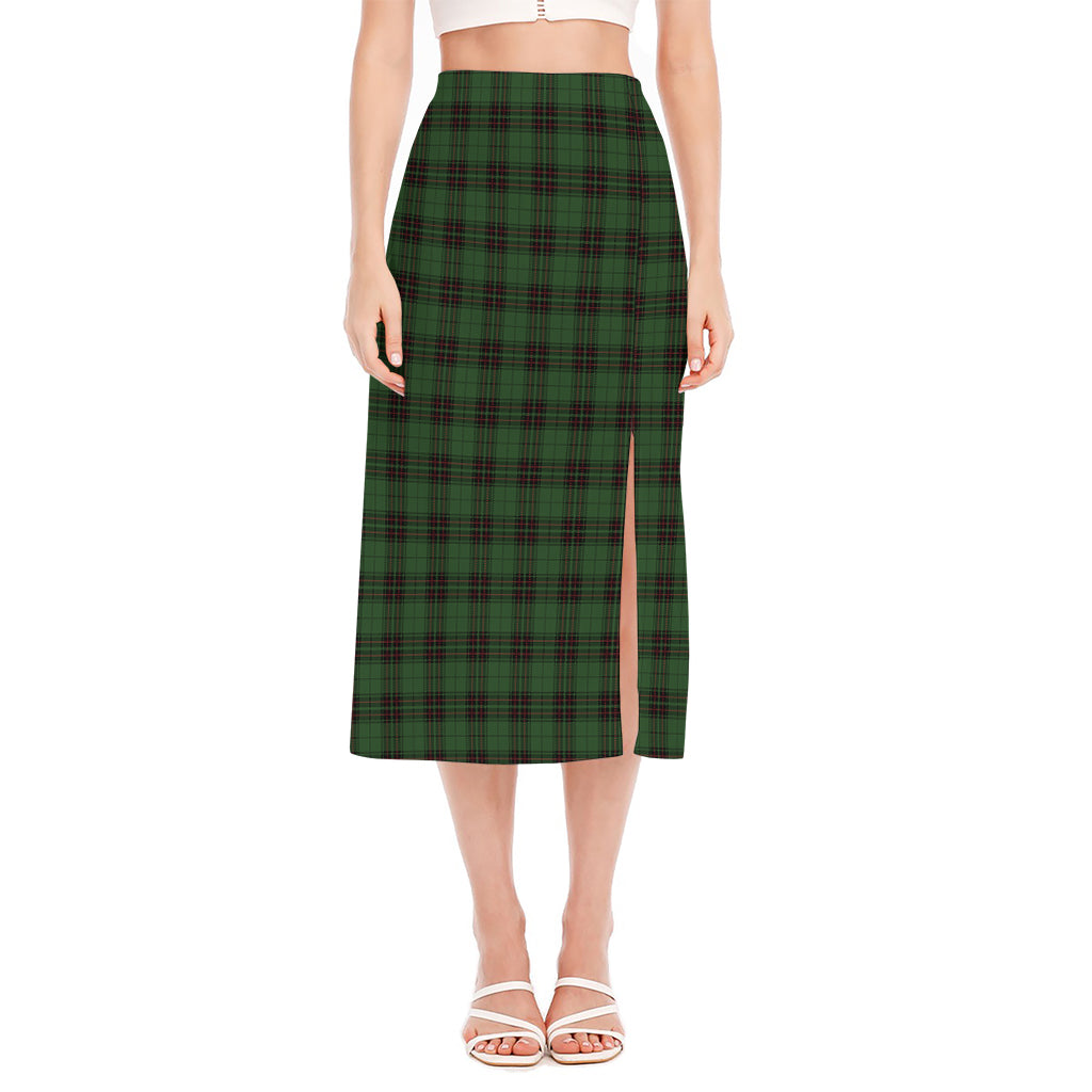 Green Black And Red Tartan Pattern Print Side Slit Midi Skirt