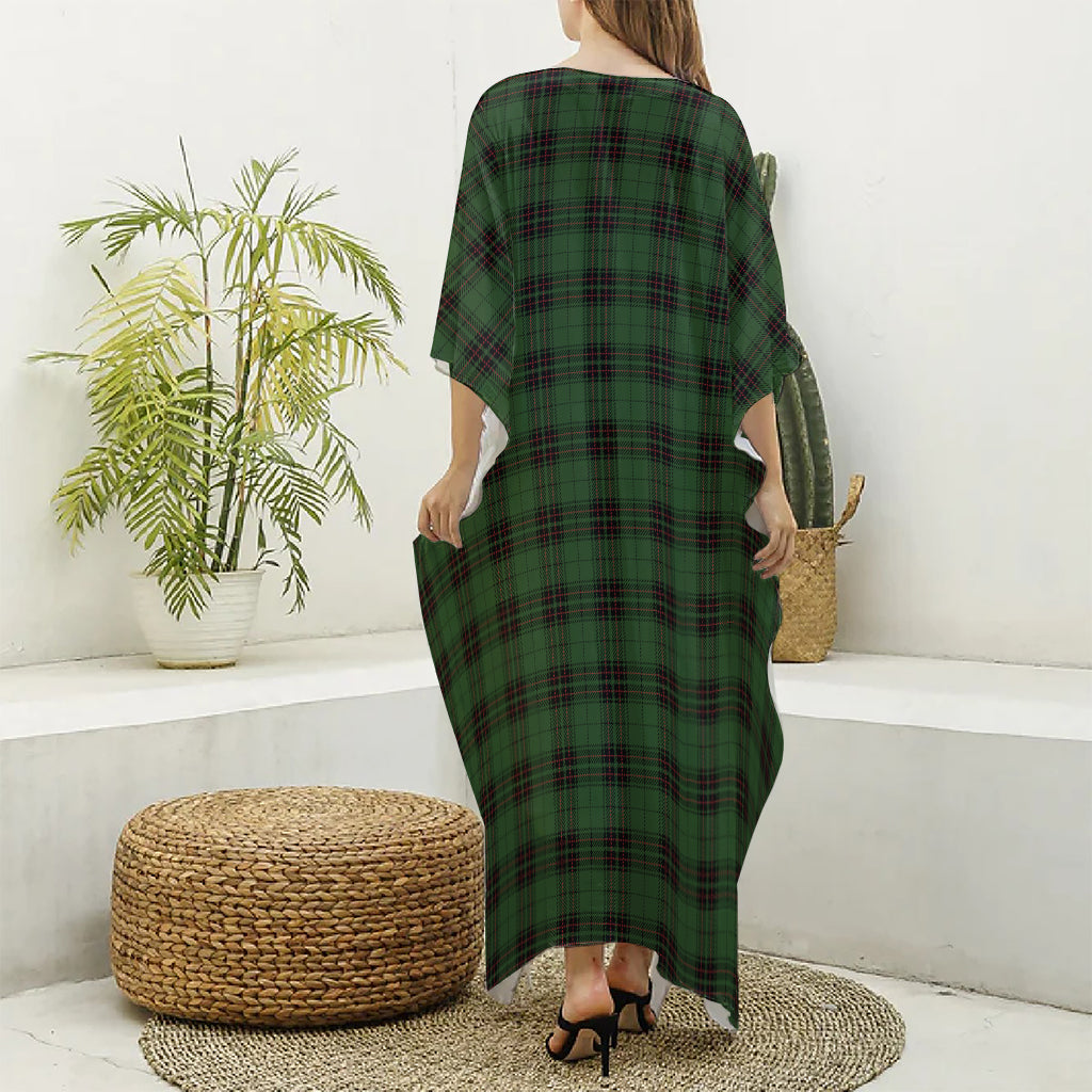 Green Black And Red Tartan Pattern Print Silk V-Neck Kaftan Dress