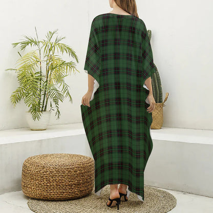 Green Black And Red Tartan Pattern Print Silk V-Neck Kaftan Dress