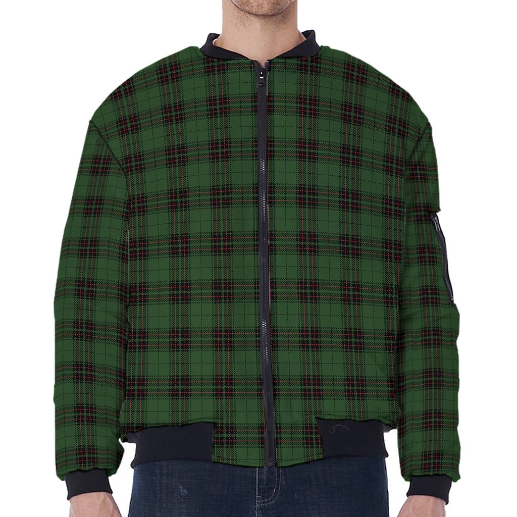 Green Black And Red Tartan Pattern Print Zip Sleeve Bomber Jacket