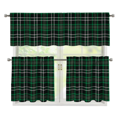 Green Black And White Tartan Print 3 Piece Kitchen Curtains